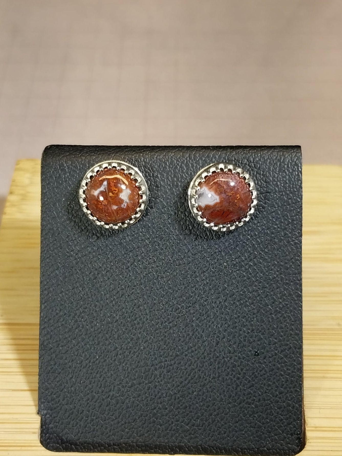 Lake Superior Agate Silver Stud Earrings, Red Moss Agate