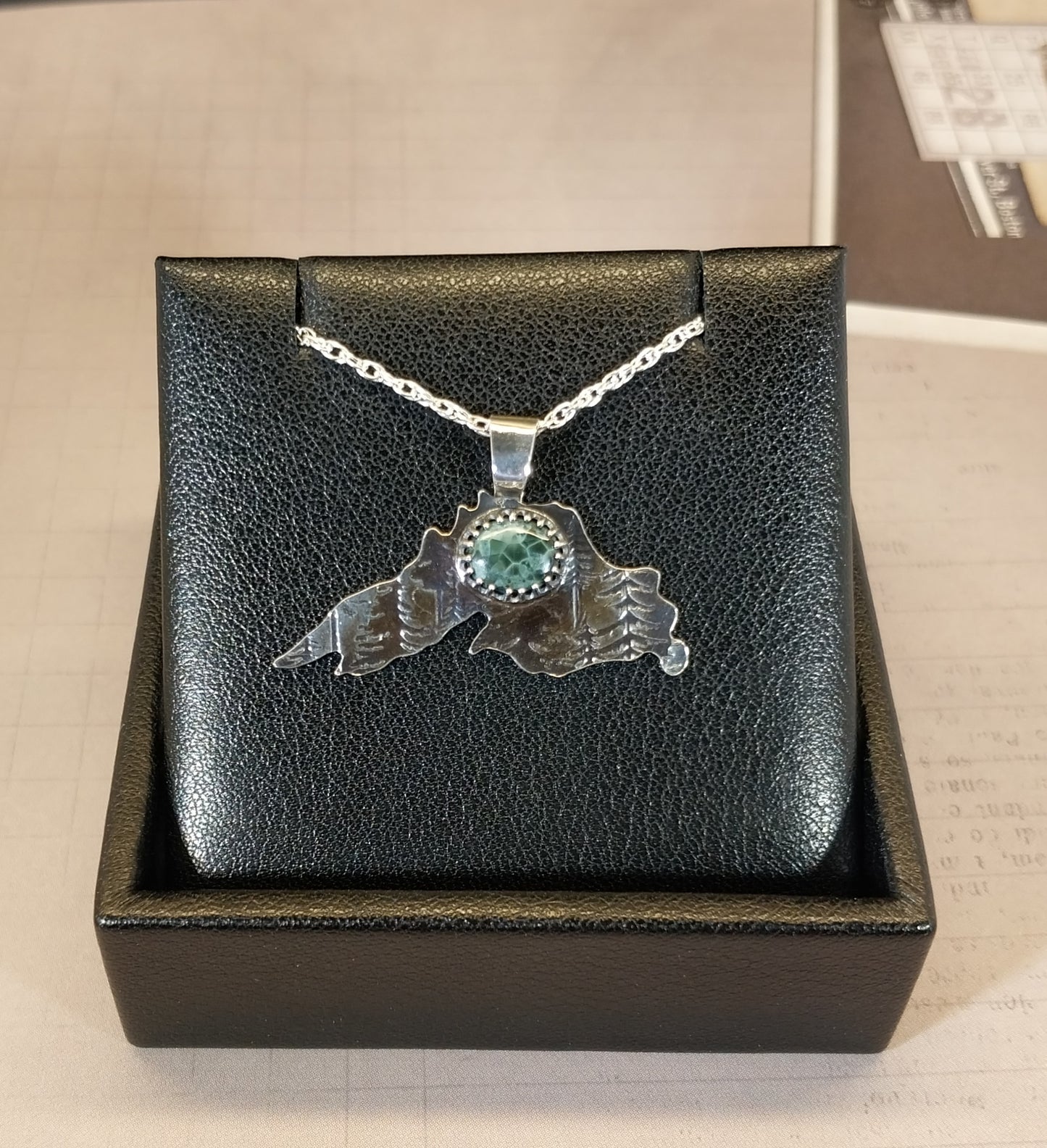 Greenstone Necklace In The Shape of Lake Superior Silver