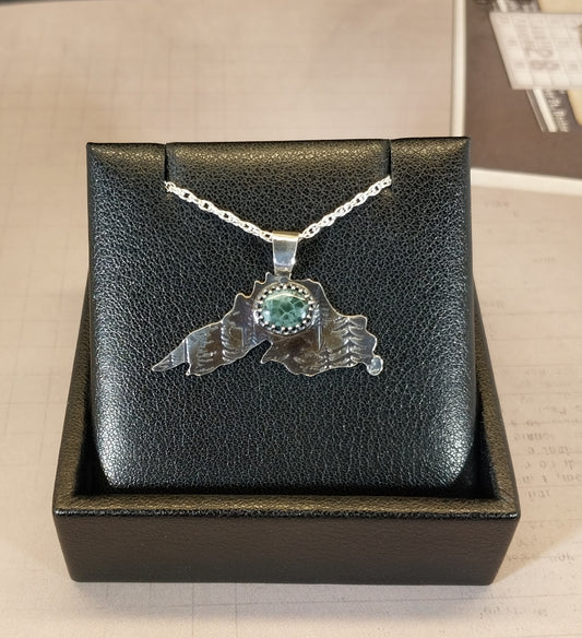 Greenstone Necklace In The Shape of Lake Superior Silver
