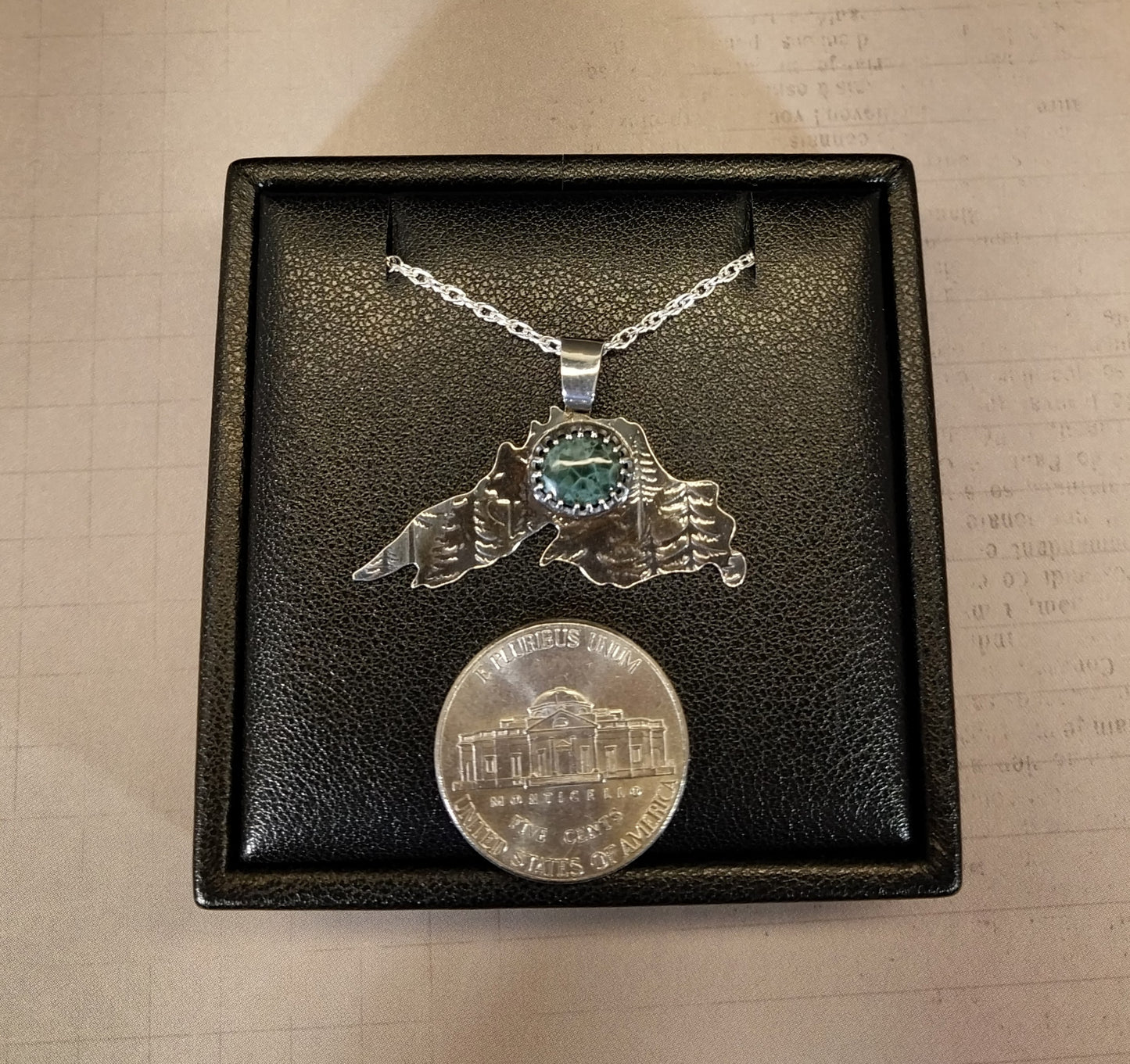 Greenstone Necklace In The Shape of Lake Superior Silver