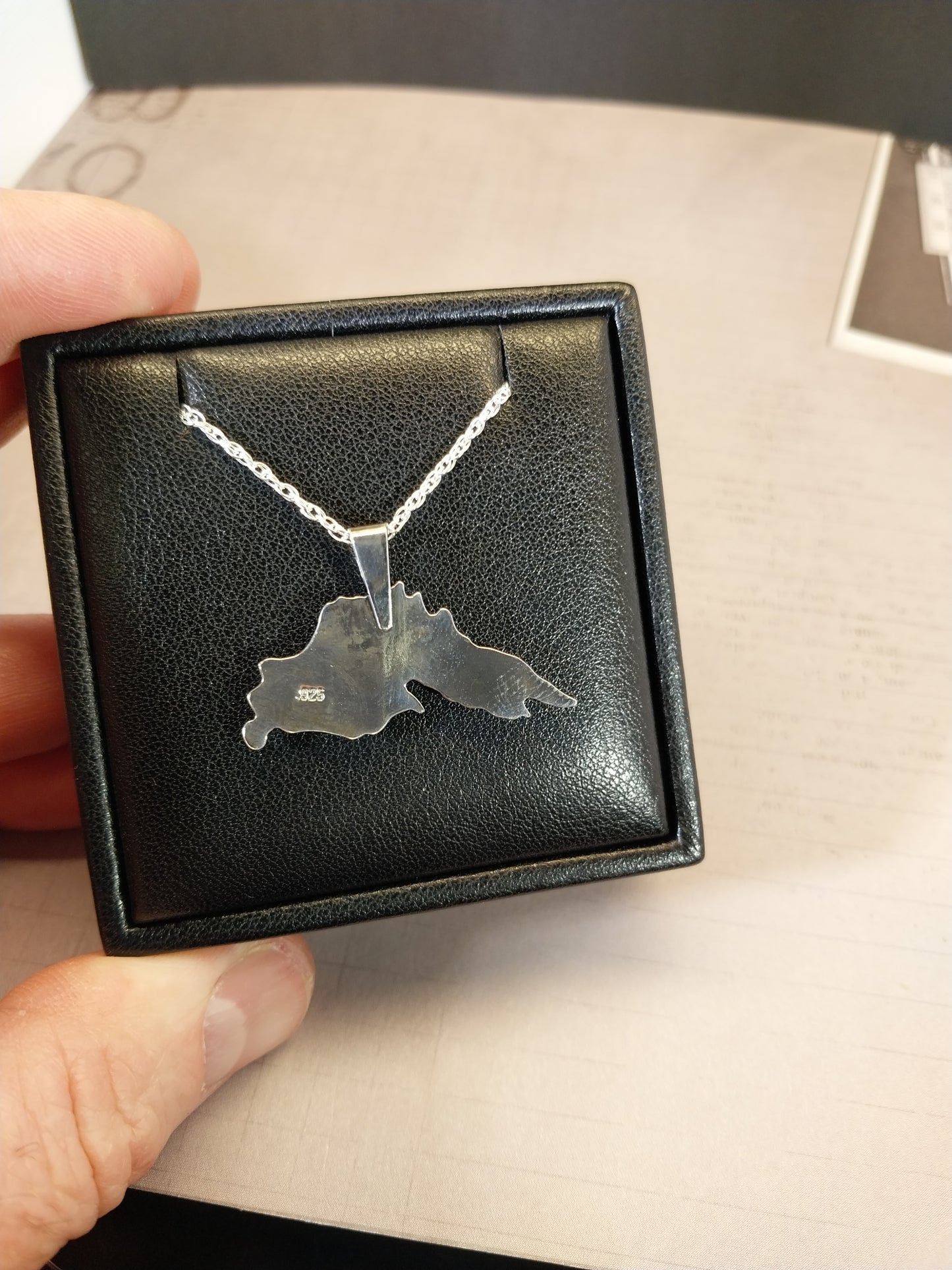 Greenstone Necklace In The Shape of Lake Superior Silver