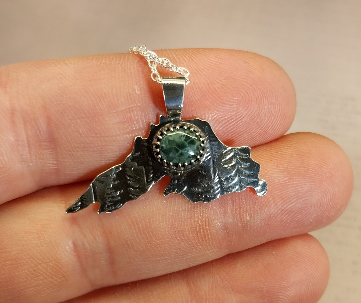 Greenstone Necklace In The Shape of Lake Superior Silver