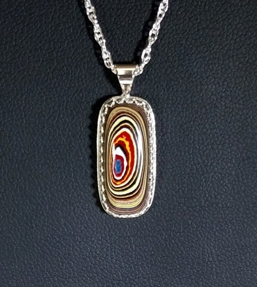 Fordite Necklace, Solid Silver 925, Fordite Pendant, Colorful Art Deco Pendant, Veteran Made