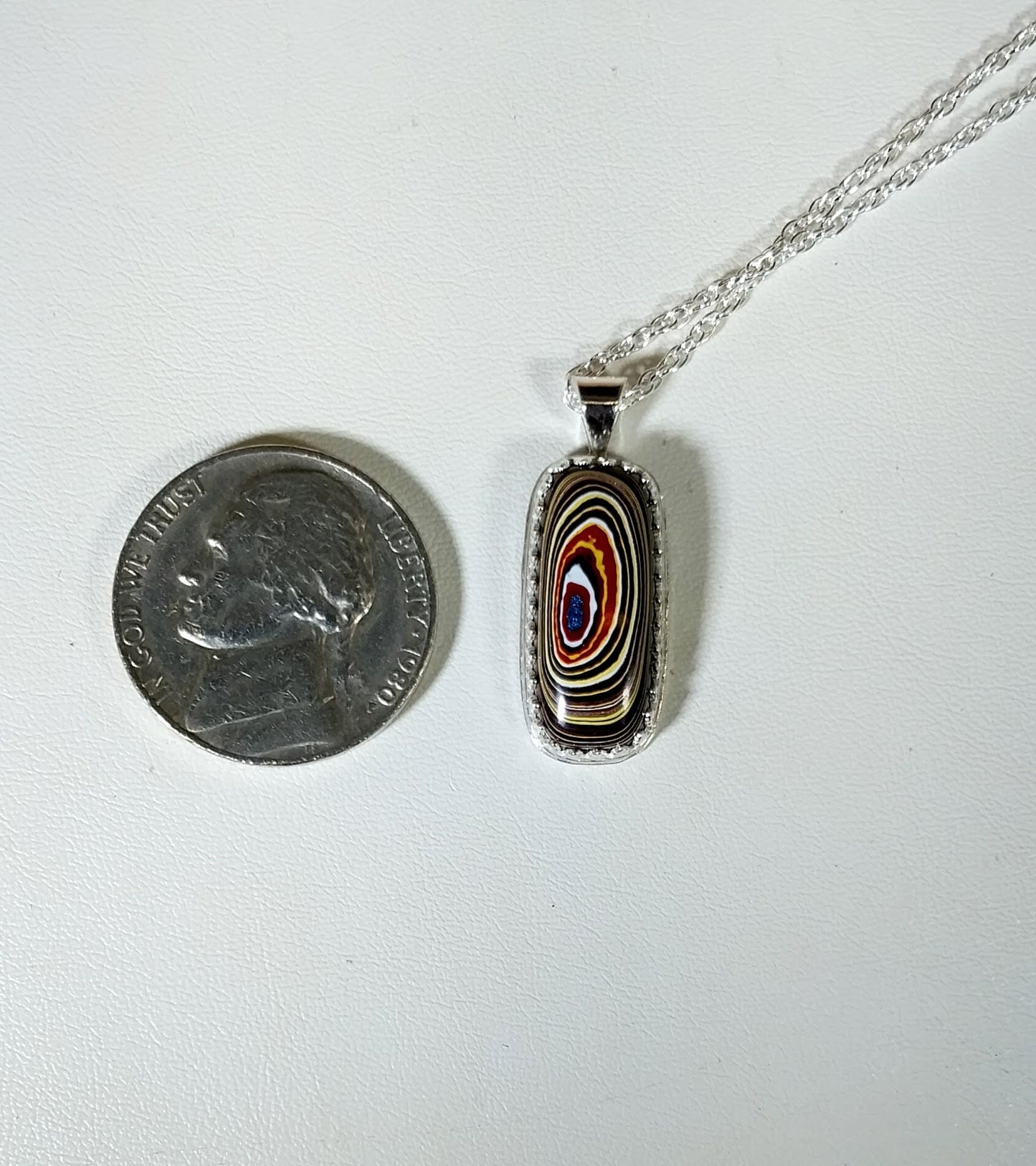 Fordite Necklace, Solid Silver 925, Fordite Pendant, Colorful Art Deco Pendant, Veteran Made