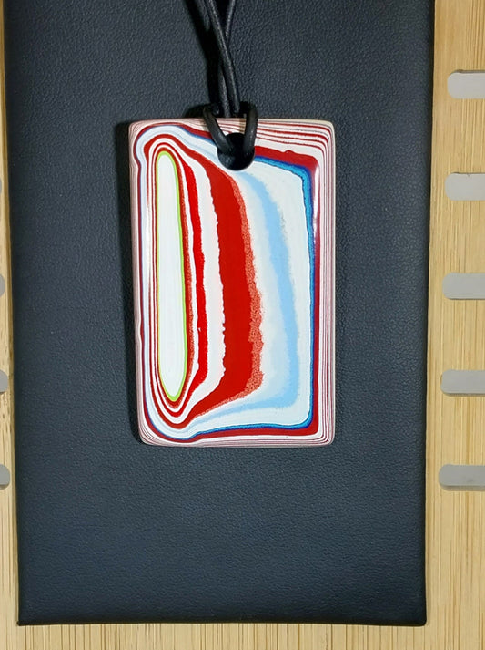 Fordite Necklace, Oversized Rectangle, Retro Colors, Leather Cord, W/O