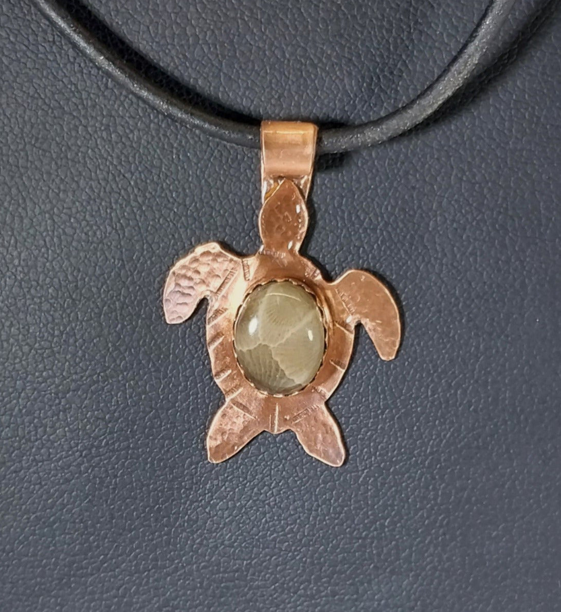 Michigan Petoskey Stone Necklace, Sea Turtle, Solid Copper, Petoskey Pendant, Michigan Gift, Michigan Necklace, Natural Petoskey