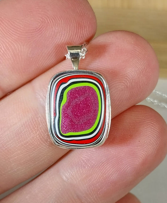 Fordite Necklace, Solid Silver, With PINK, Fordite Pendant, Beautiful Bright Colors, Fordite Jewelry, Fordite, Americana Jewelry, USA Made