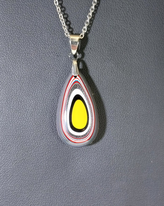 Fordite Necklace, Bright Yellow Multicolor Pendant, USA Handmade Recycled, Eco Friendly Jewelry W/O