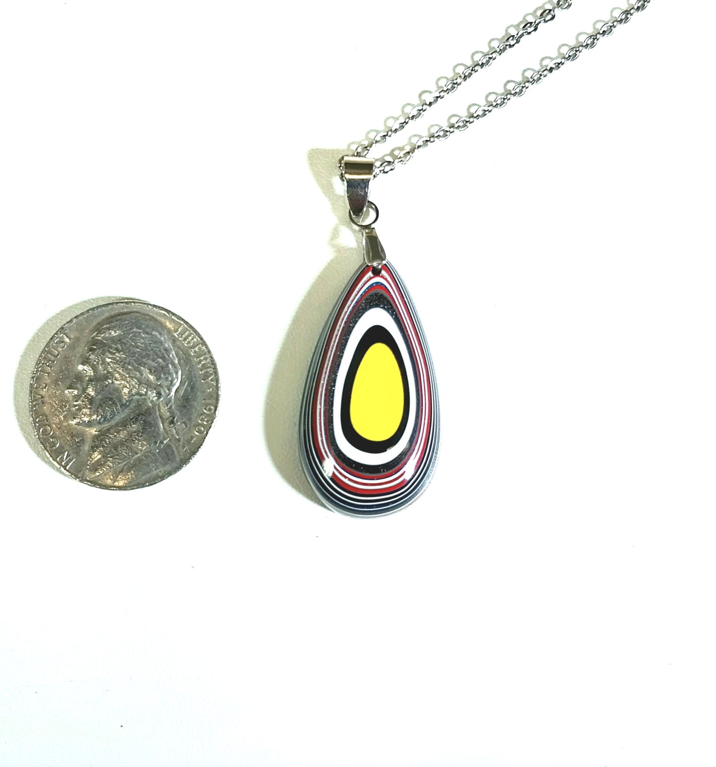 Fordite Necklace, Bright Yellow Multicolor Pendant, USA Handmade Recycled, Eco Friendly Jewelry W/O