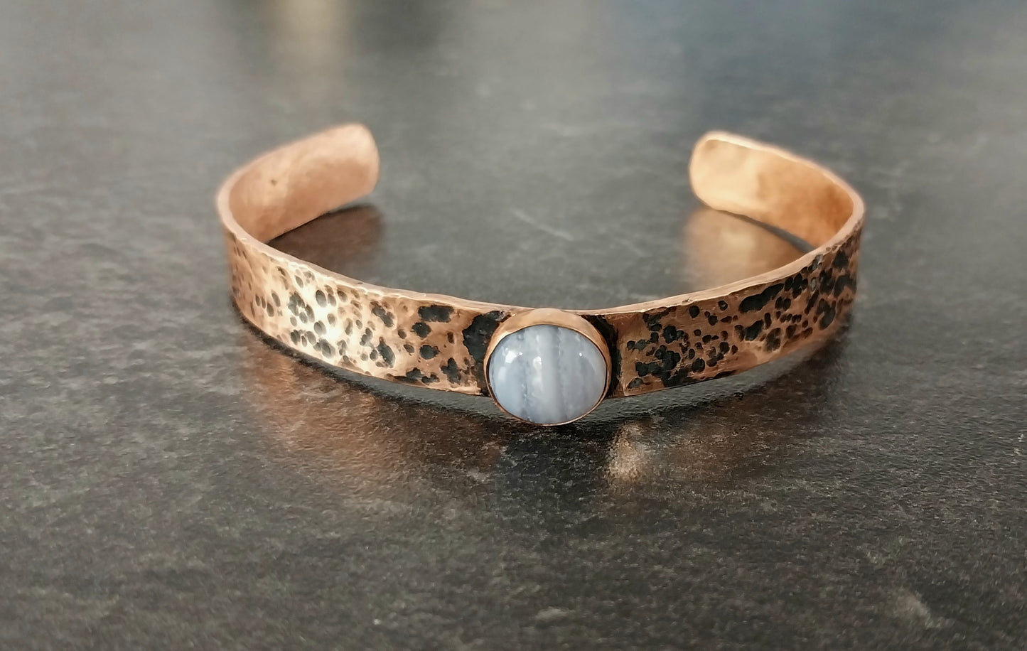 Copper Bracelet with Blue Lace Agate, Antiqued Copper Cuff, Agate Bracelet, W/O