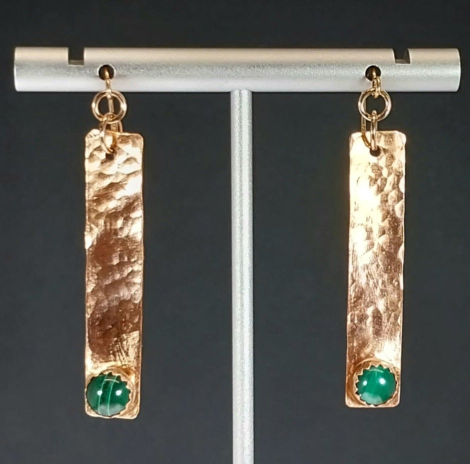 Malachite Copper Bar Dangle Earring, Natural Malachite, Recycled Copper, W/O