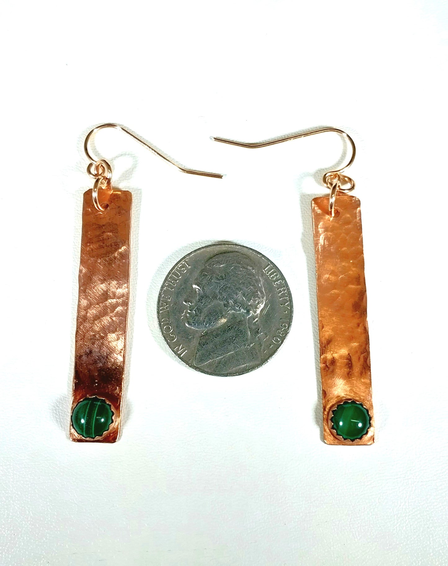 Malachite Copper Bar Dangle Earring, Natural Malachite, Recycled Copper, W/O