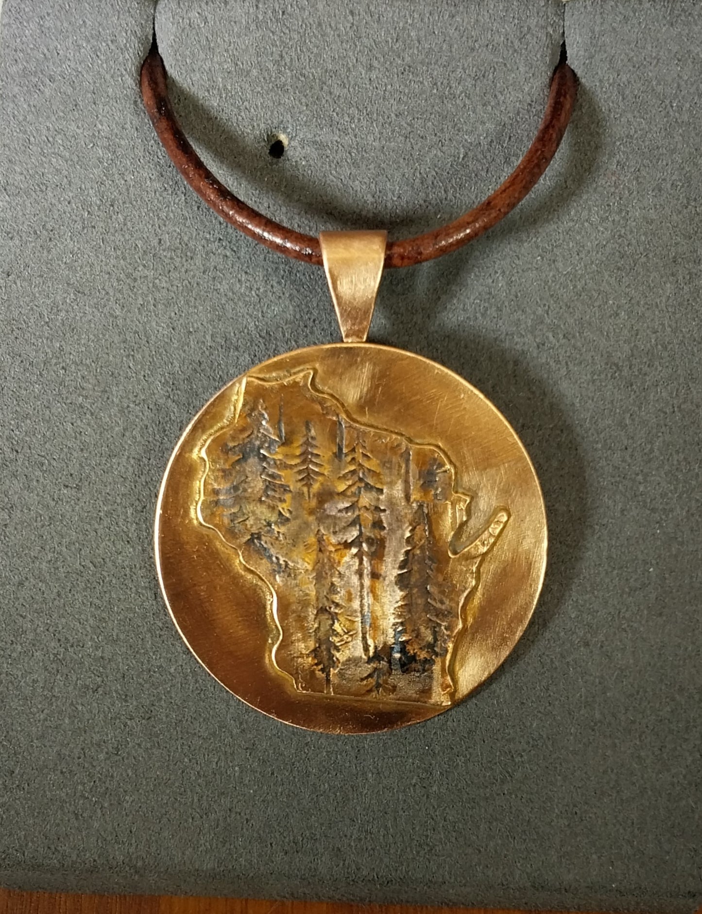 Wisconsin Necklace, Copper With Leather Cord, Northern Pines W/O