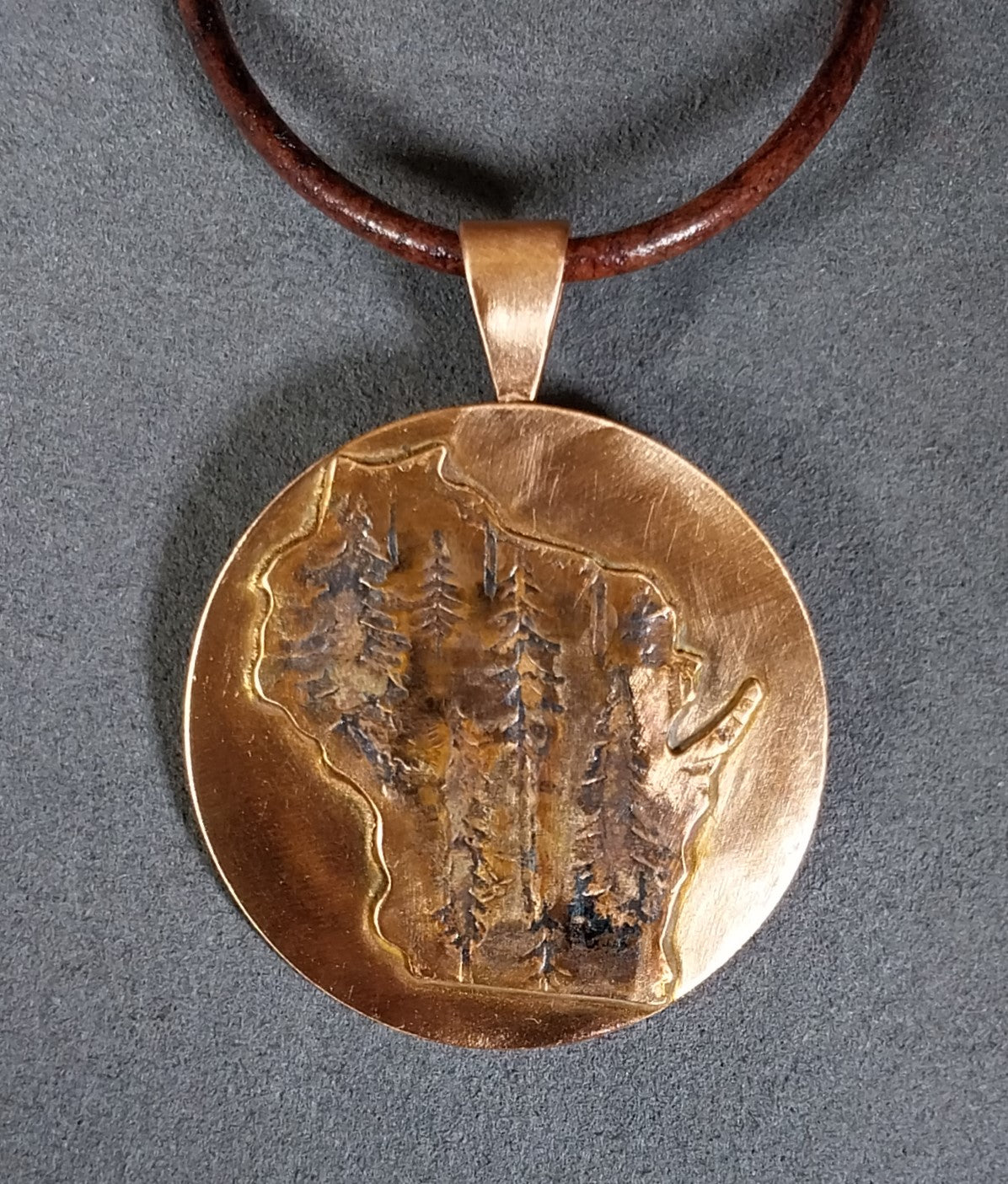 Wisconsin Necklace, Copper With Leather Cord, Northern Pines W/O