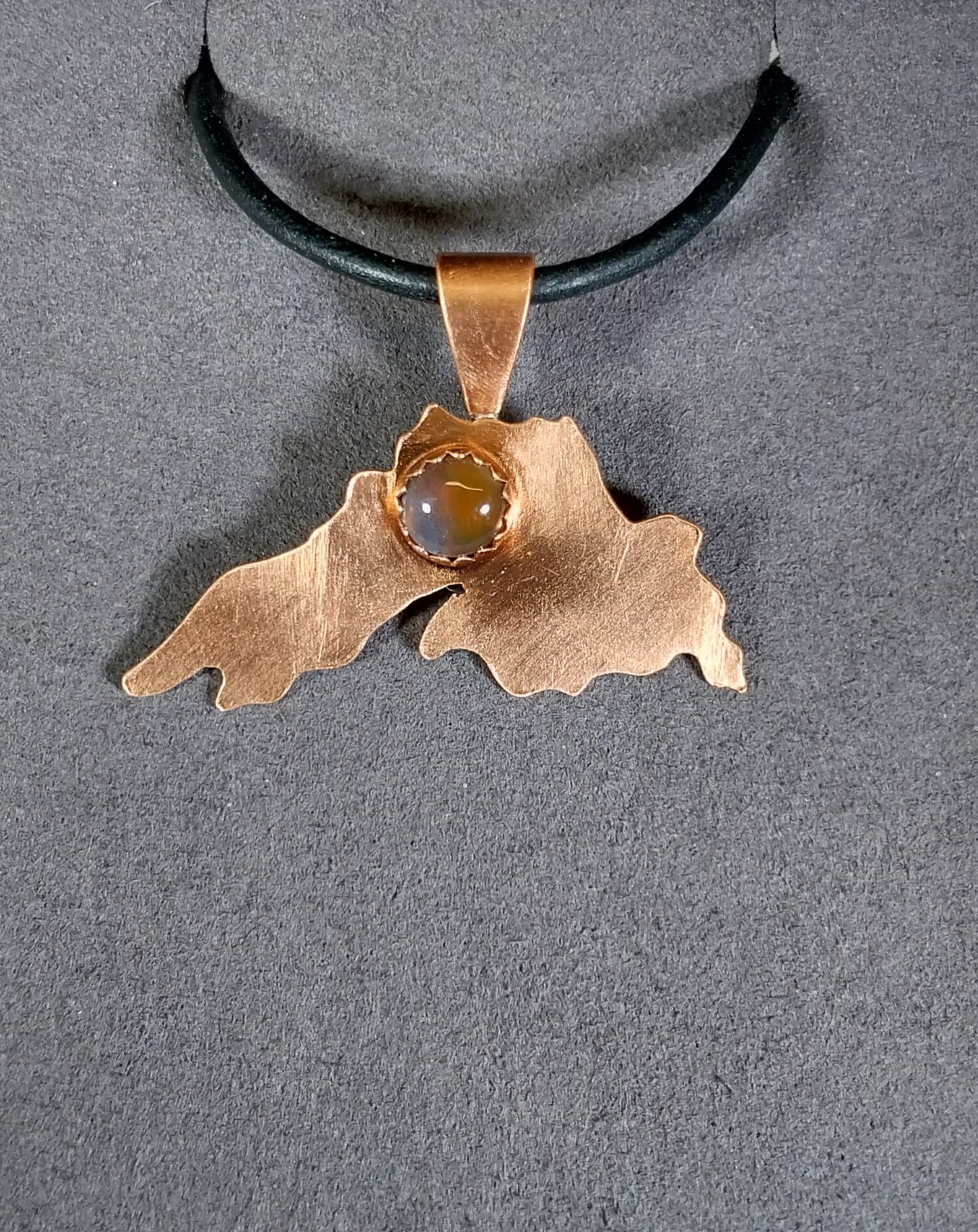 Lake Superior Necklace, Copper With Lake Superior Agate, Leather Cord, W/O