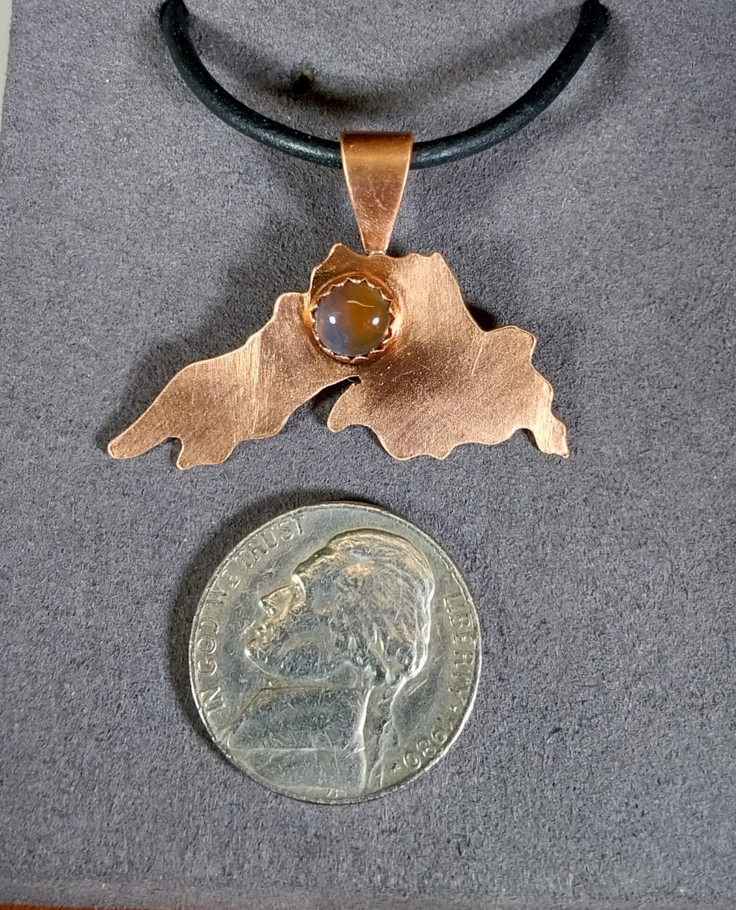 Lake Superior Necklace, Copper With Lake Superior Agate, Leather Cord, W/O