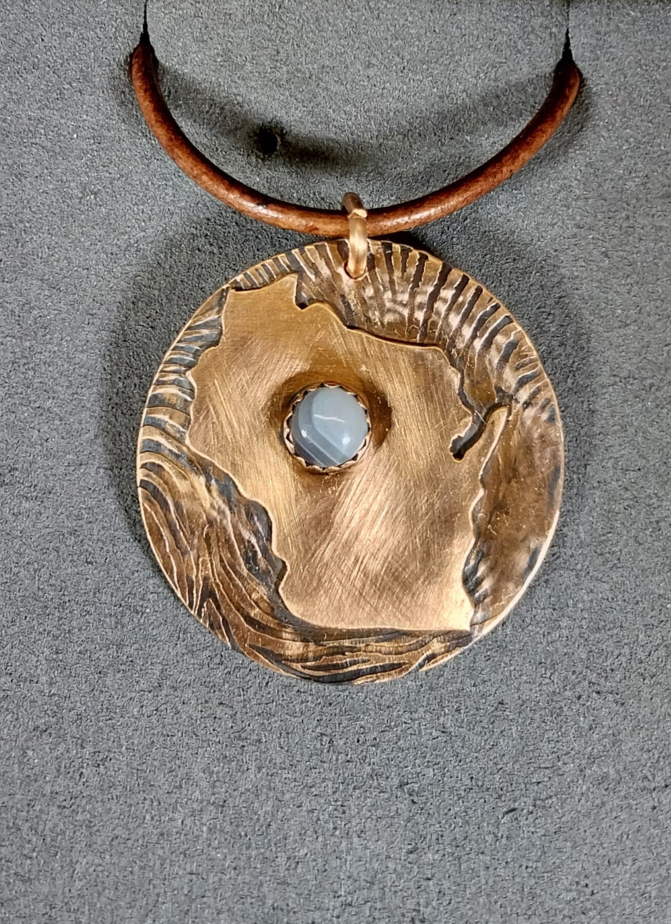 Wisconsin Necklace, Lake Superior Agate, Copper With Leather Cord W/O