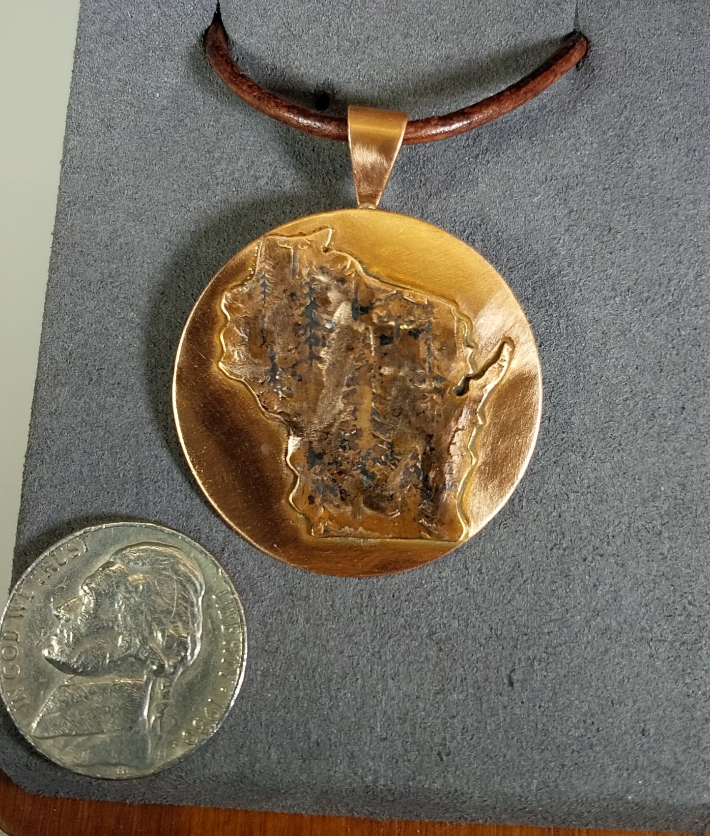 Wisconsin Necklace, Copper With Leather Cord, Northern Pines W/O