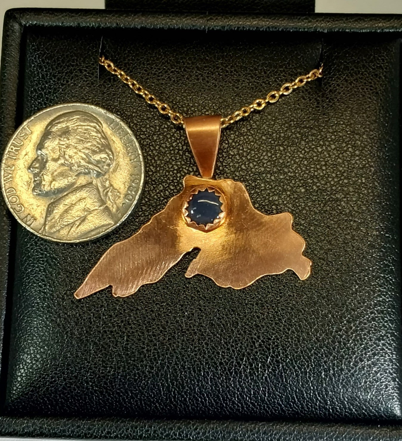 Lake Superior Necklace, Copper With Ashland Leland Blue, Stainless Steel Chain, W/O