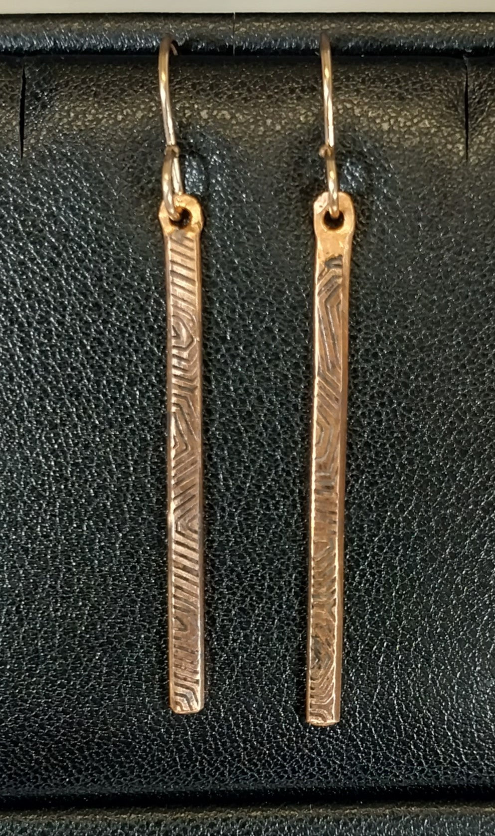 Copper Bar Earrings, Textured & Antiqued, Rose Gold Filled Ear Wires, W/O