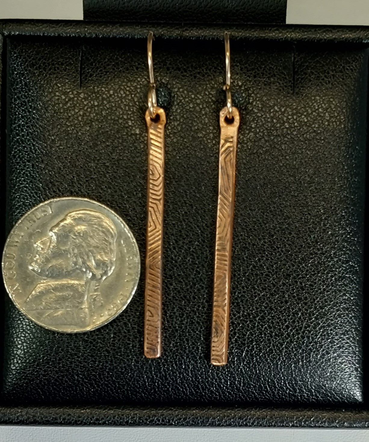 Copper Bar Earrings, Textured & Antiqued, Rose Gold Filled Ear Wires, W/O