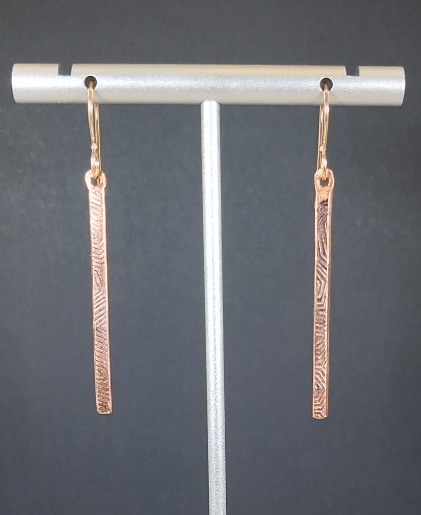 Copper Bar Earrings, Textured & Antiqued, Rose Gold Filled Ear Wires, W/O