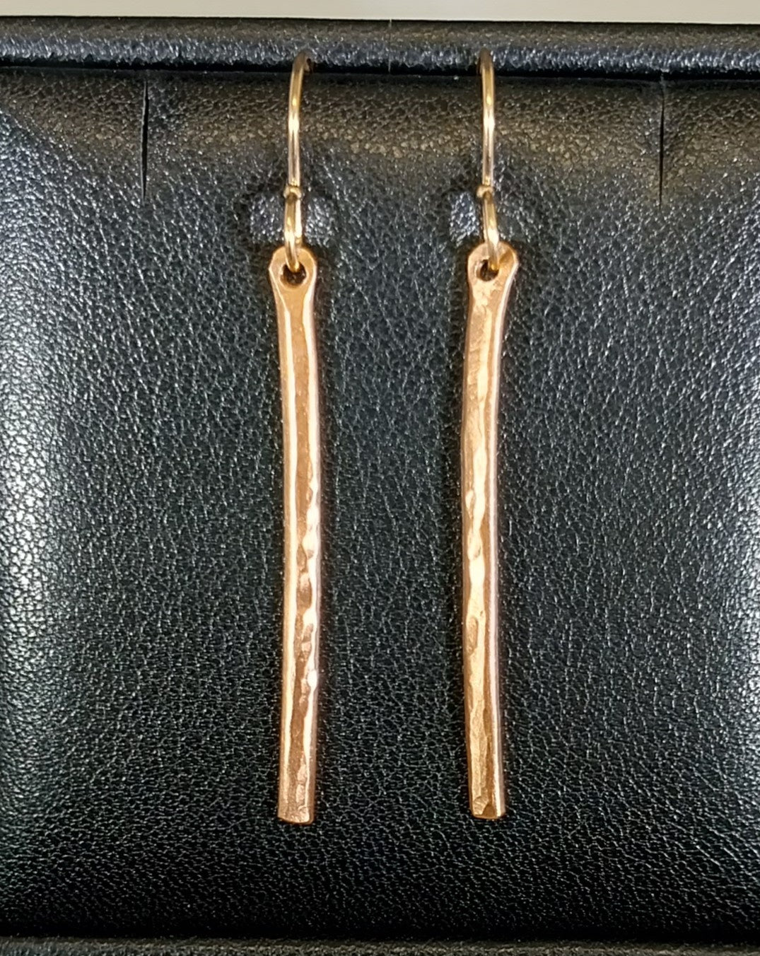 Hammered Copper Bar Earrings, Gold Filled Ear Wires Hand Textured, W/O