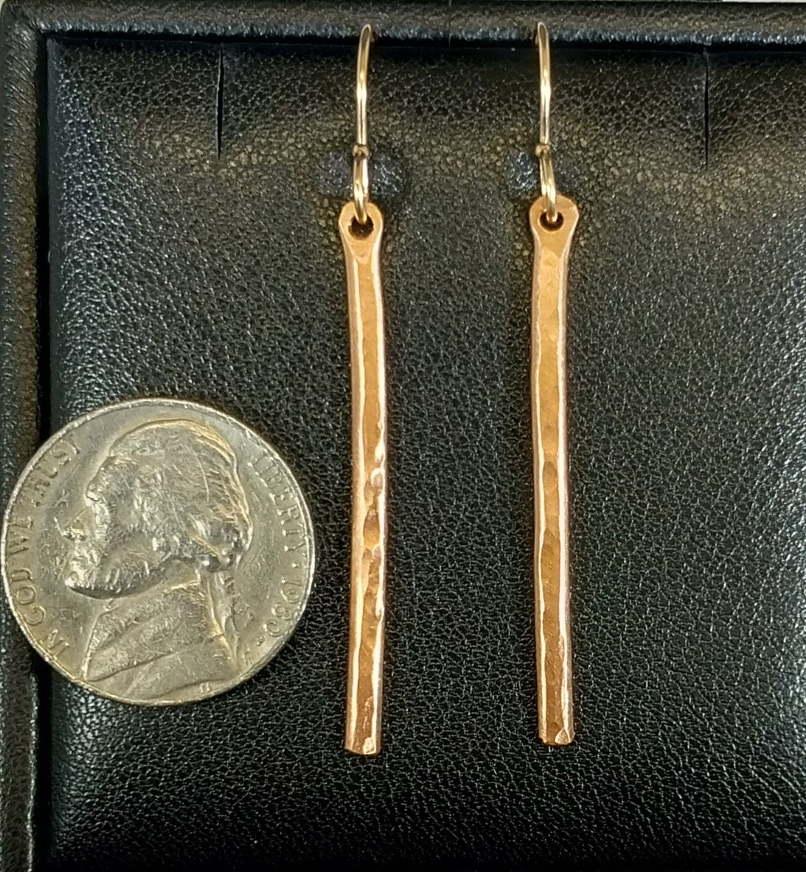 Hammered Copper Bar Earrings, Gold Filled Ear Wires Hand Textured, W/O