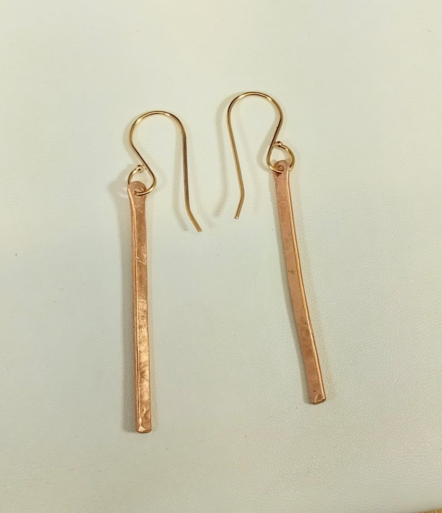 Hammered Copper Bar Earrings, Gold Filled Ear Wires Hand Textured, W/O