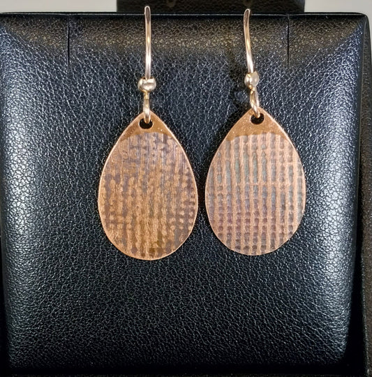 Copper Earrings, Teardrop Shaped, Textured & Antiqued, Rose Gold Filled Ear Wires, W/O