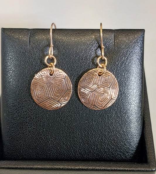 Copper Earrings, Disc Shape, Textured & Antiqued, Rose Gold Filled Ear Wires, W/O