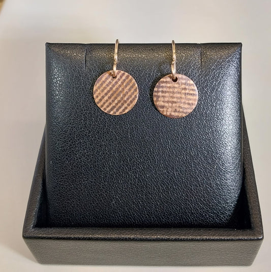 Copper Earrings, Disc Shape, Textured & Antiqued, Rose Gold Filled Ear Wires, W/O