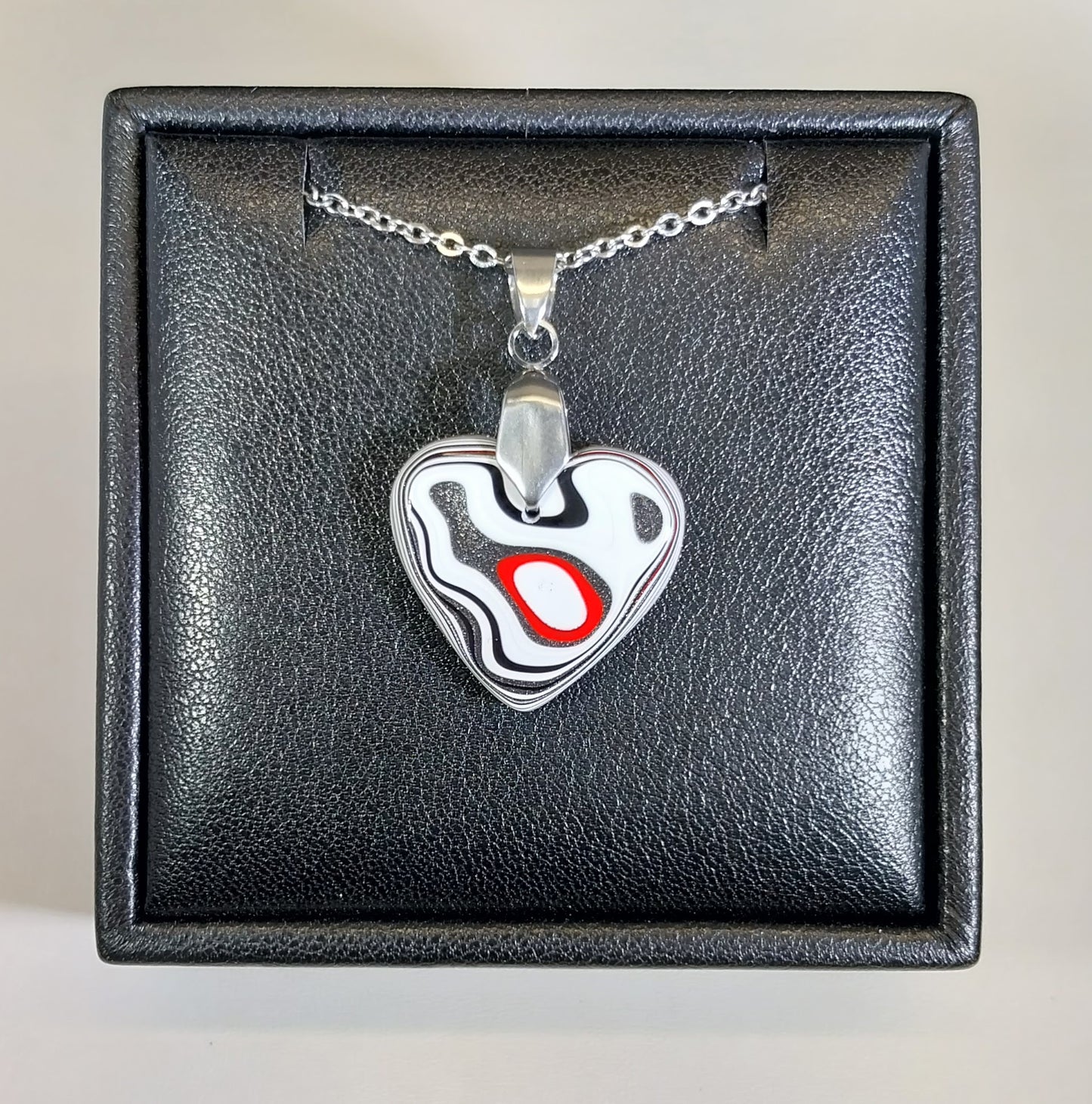 Fordite Heart Necklace, White Black and Red,  Fordite Jewelry W/O