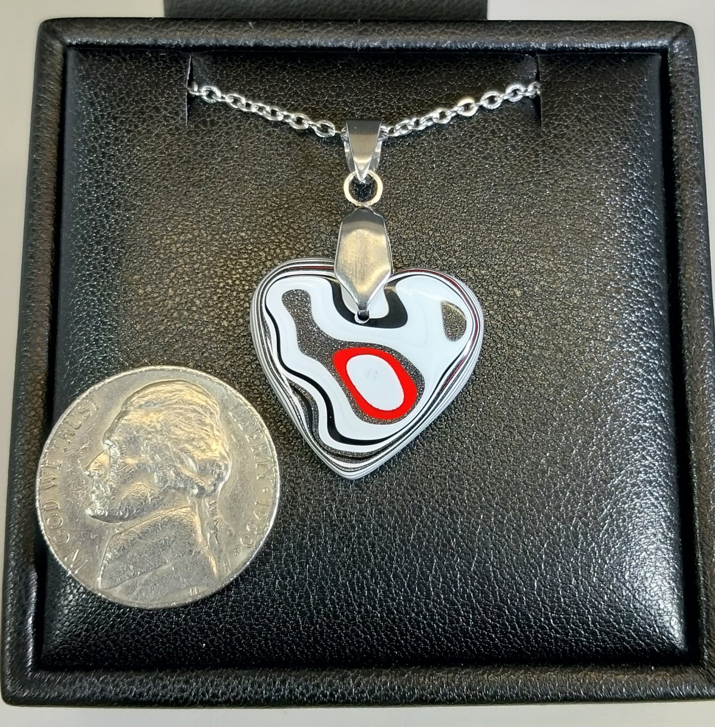 Fordite Heart Necklace, White Black and Red,  Fordite Jewelry W/O