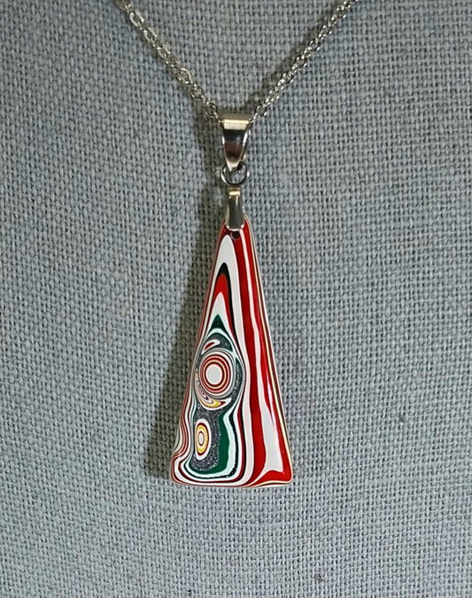 Red and White Fordite Necklace, Triangle Shape