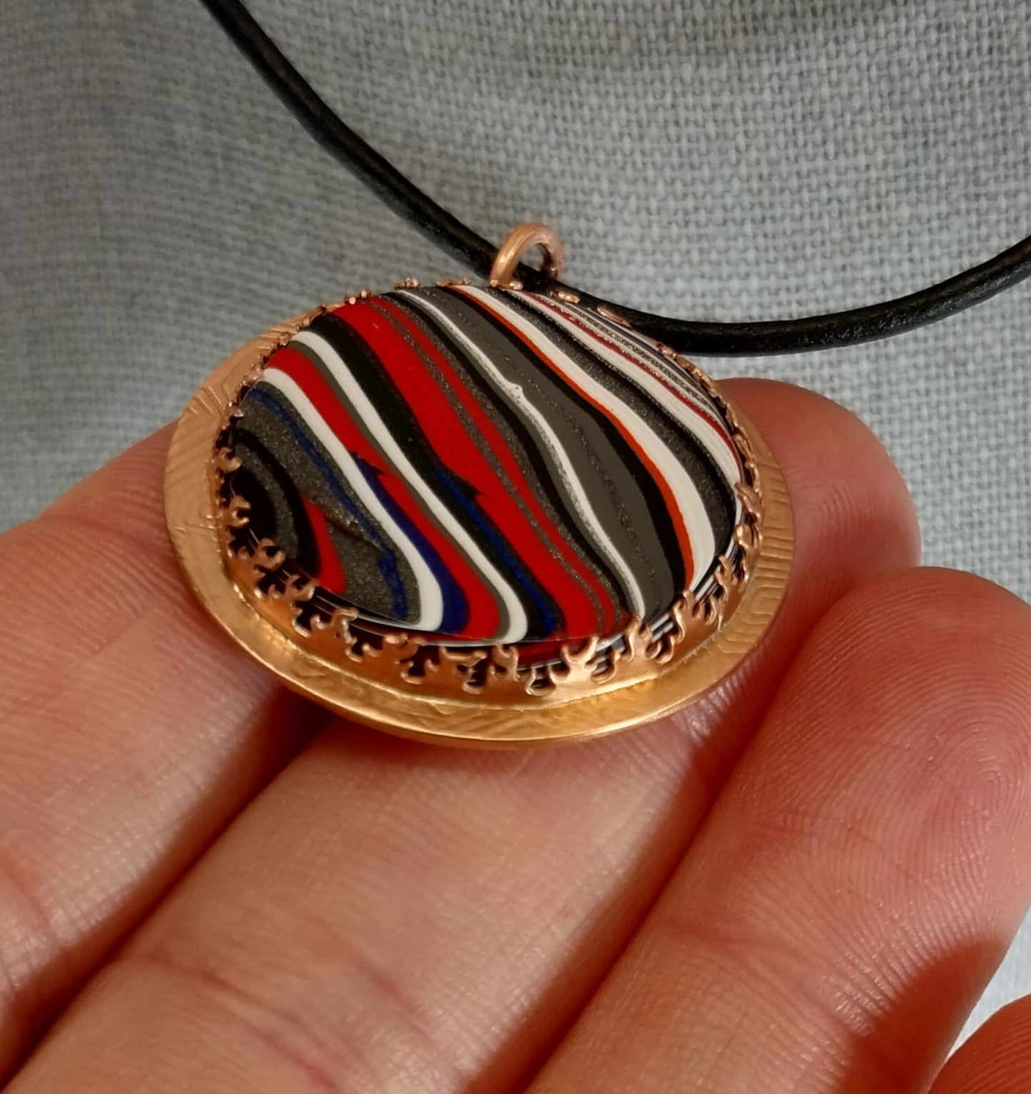 Fordite Necklace, Set in Copper, Fire Bezel, W/O