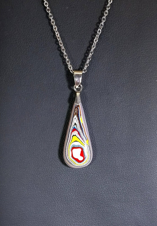 Teardrop Fordite Necklace, Colorful Recycled Art, Wisconsin Handmade, W/O