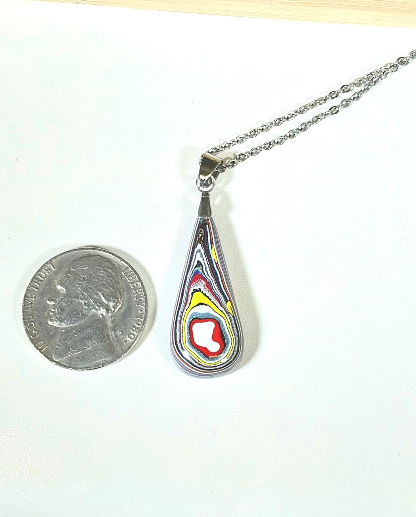 Teardrop Fordite Necklace, Colorful Recycled Art, Wisconsin Handmade, W/O