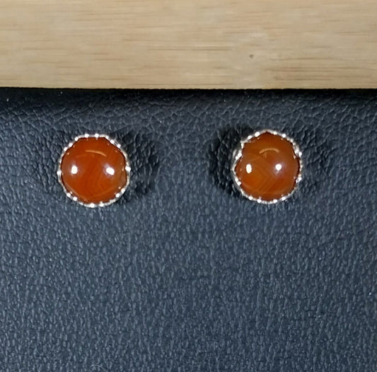 Deep Orange Lake Superior Agate Stud Earrings With Flower Bezel