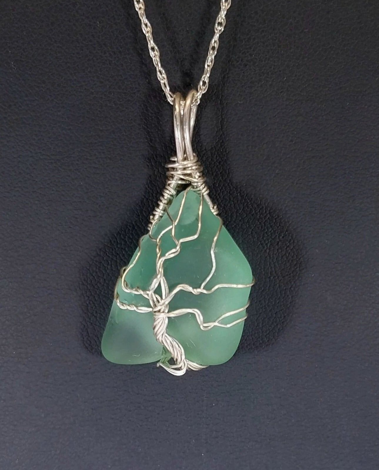 Tree of Life Silver Wire Wrapped Lake Superior Beach Glass, W/O