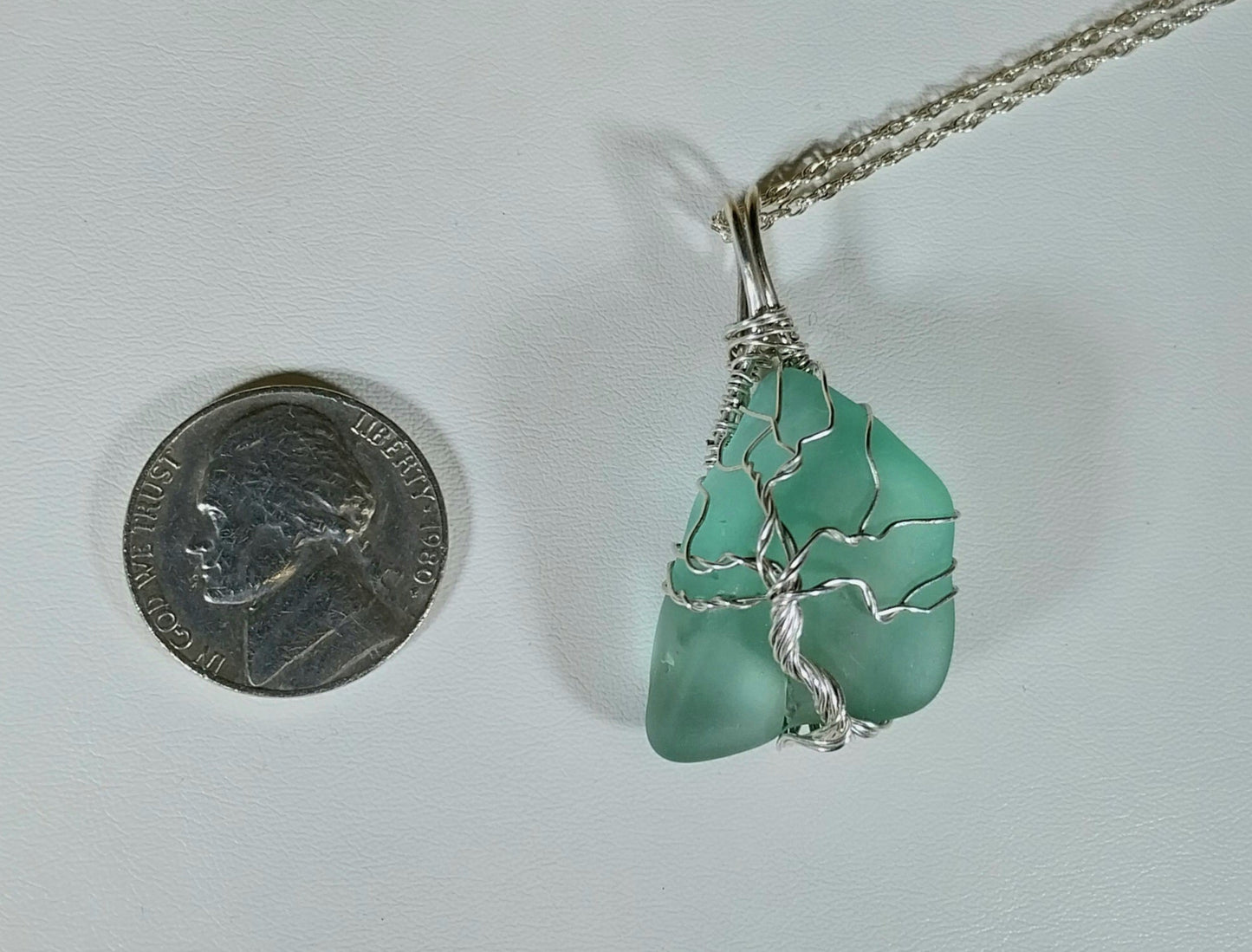 Tree of Life Silver Wire Wrapped Lake Superior Beach Glass, W/O