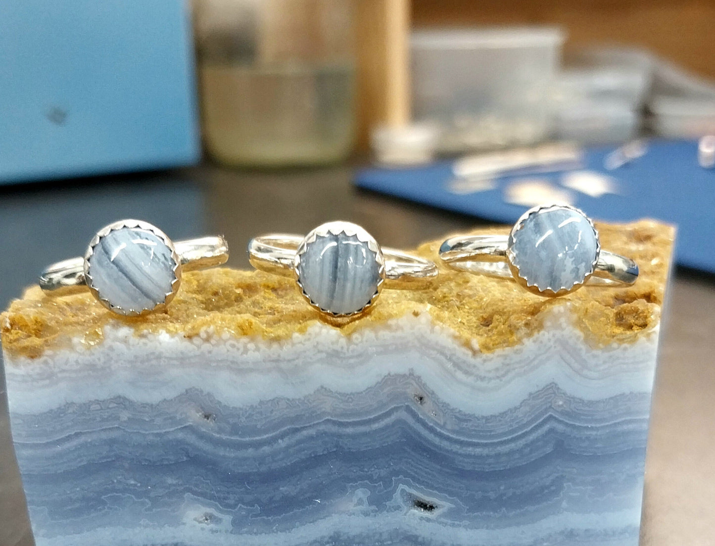 Blue Lace Agate Ring, Solid Sterling, Choose Your Size, Natural Agate