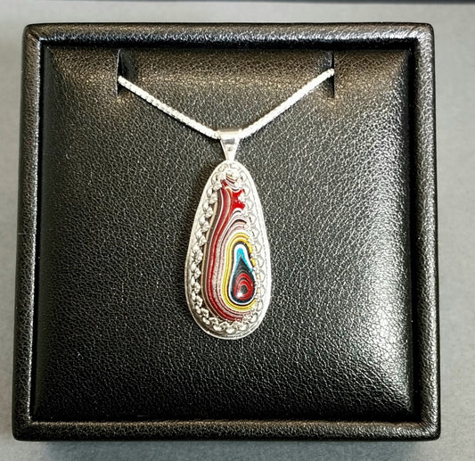 Rainbow Colored Fordite Pendant in Solid Sterling Silver