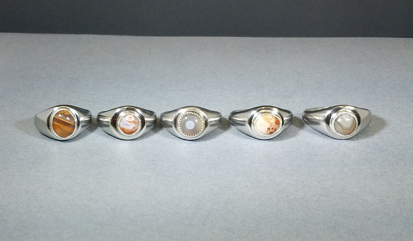 Lake Superior Agate Steel and Silver Rings Pick Your Size