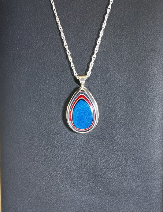 Fordite Necklace Bright Blue Red and White Sterling Silver