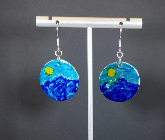 Hand Painted Sunset Earrings Sky and Water Blue