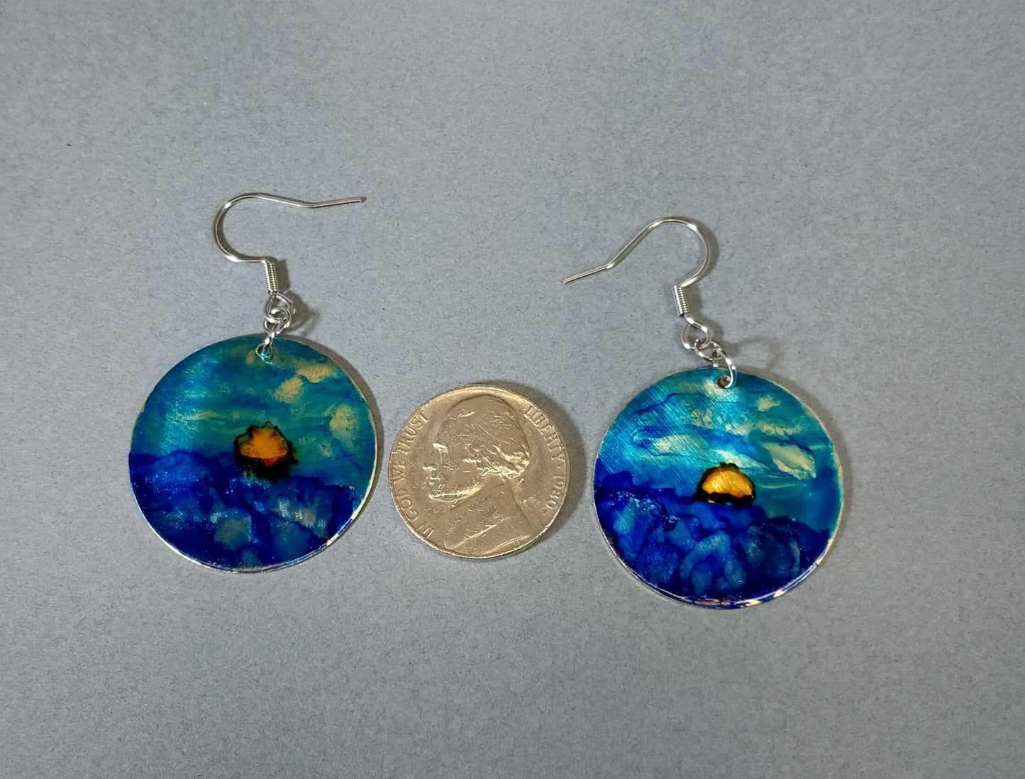 Hand Painted Sunset Earrings Sky and Water Blue