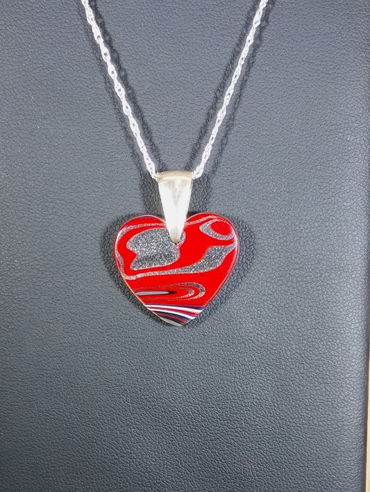 Fordite Necklace Red Heart with Silver Chain and Bail