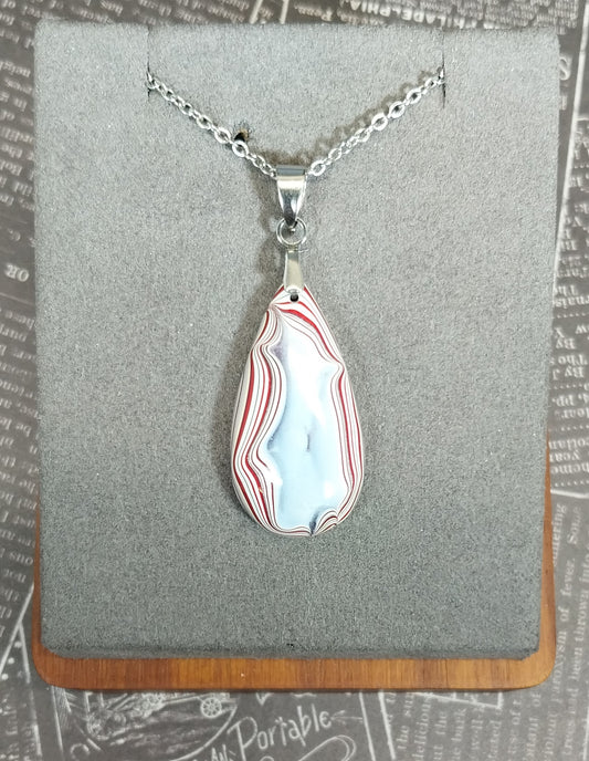 Fordite Necklace, Patriotic Colors, Veteran Handmade, Pendant, Ohio Motor Agate, Fordite Jewelry, Fordite Teardrop, Reused