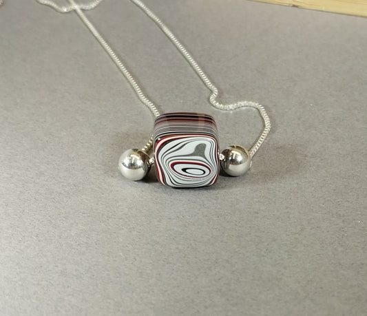 Cube Fordite and Silver Bead Necklace